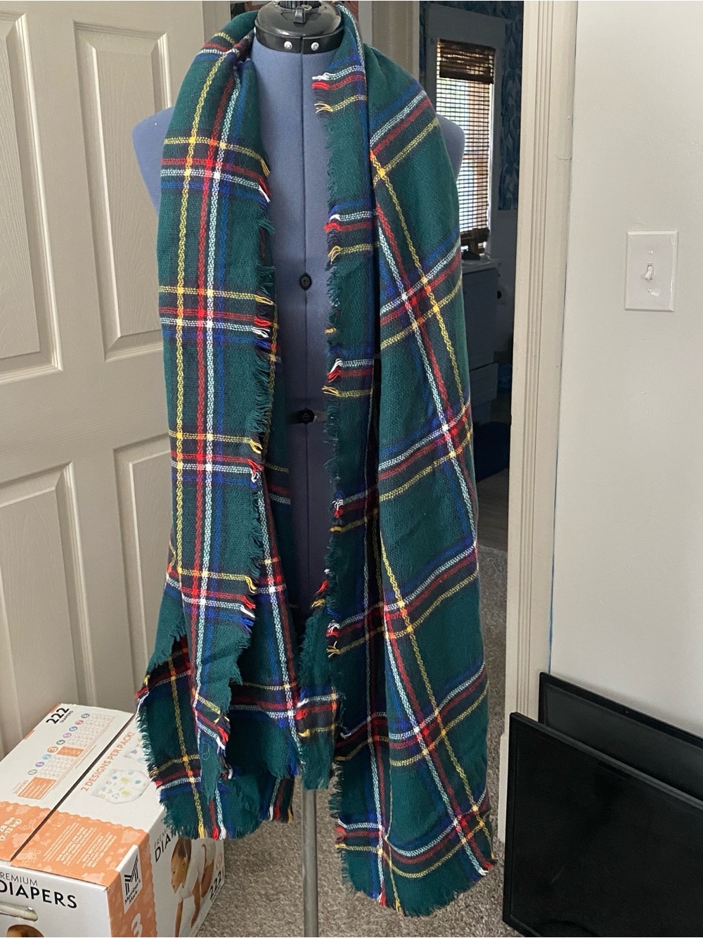 Old Navy Green Plaid Blanket Scarf with Red, Yellow & Blue Accents